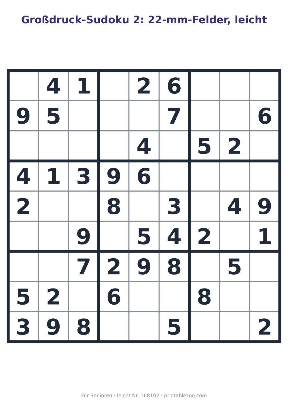 Großdruck-Sudoku zum Ausdrucken mit 22-mm-Feldern, Stufe leicht, 40 Vorgaben, Rätsel 168102