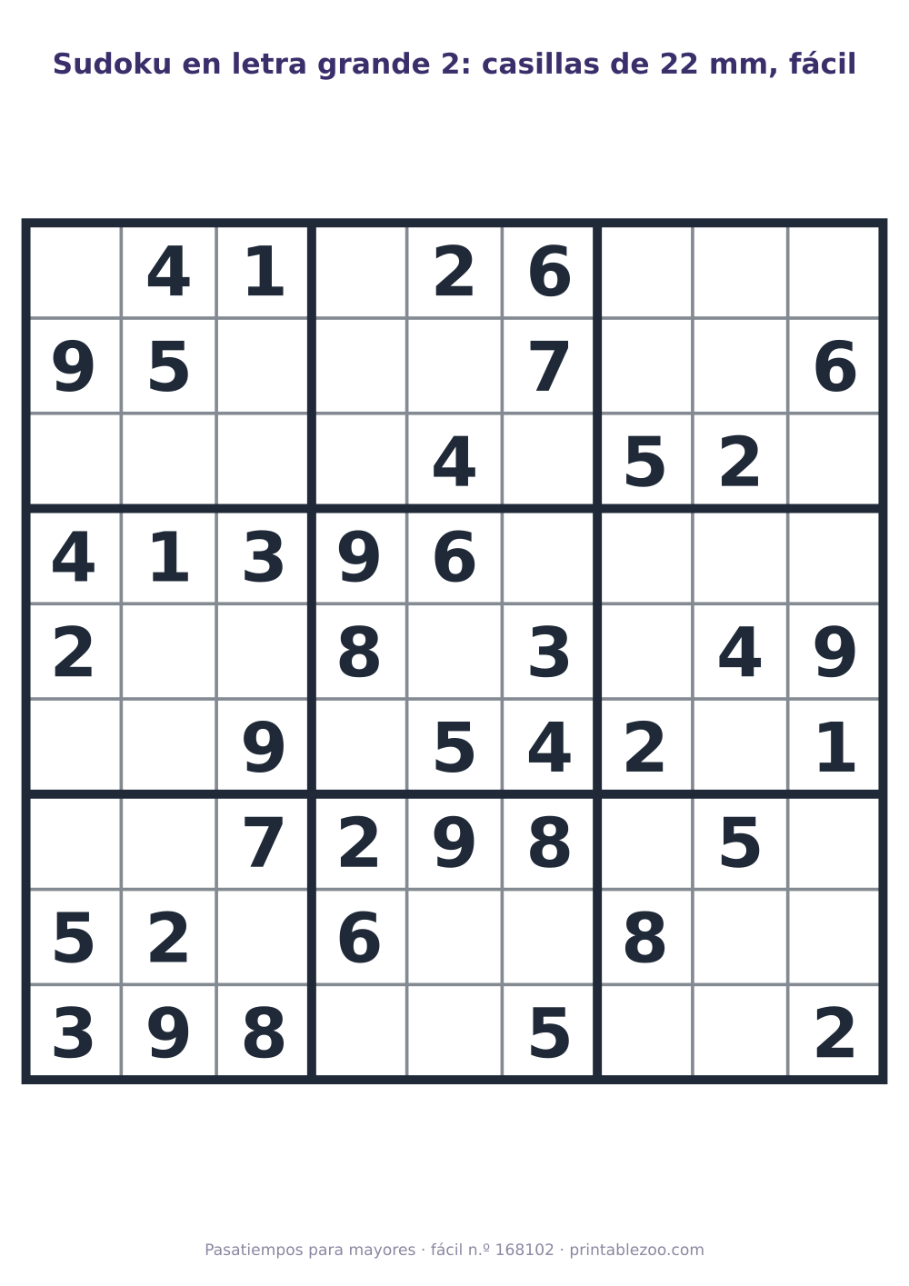 Sudoku en letra grande para imprimir con casillas de 22 mm, nivel fácil, 40 pistas, pasatiempo 168102