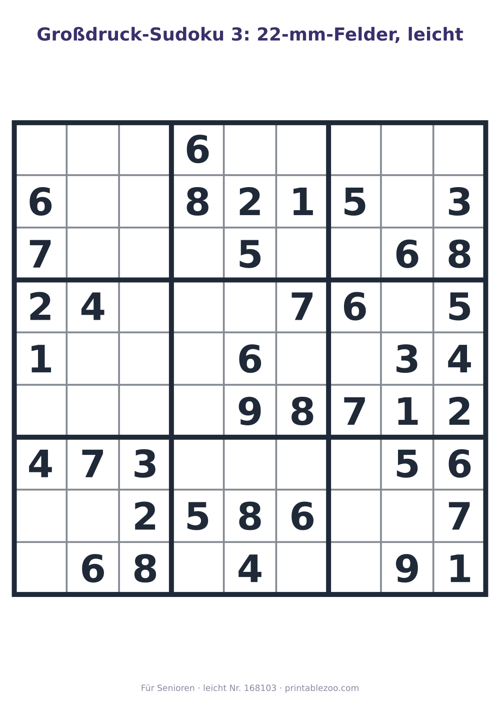 Großdruck-Sudoku zum Ausdrucken mit 22-mm-Feldern, Stufe leicht, 40 Vorgaben, Rätsel 168103