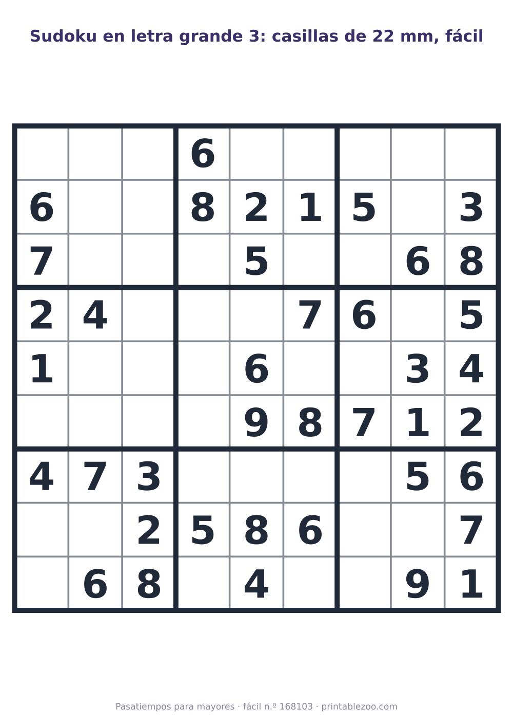 Sudoku en letra grande para imprimir con casillas de 22 mm, nivel fácil, 40 pistas, pasatiempo 168103