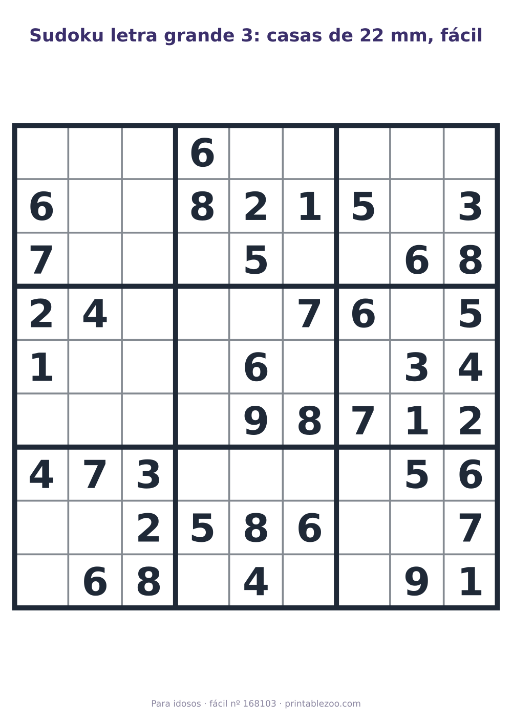 Sudoku letra grande para imprimir com casas de 22 mm, nível fácil, 40 pistas, desafio 168103