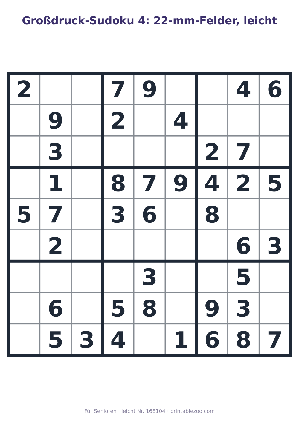 Großdruck-Sudoku zum Ausdrucken mit 22-mm-Feldern, Stufe leicht, 40 Vorgaben, Rätsel 168104