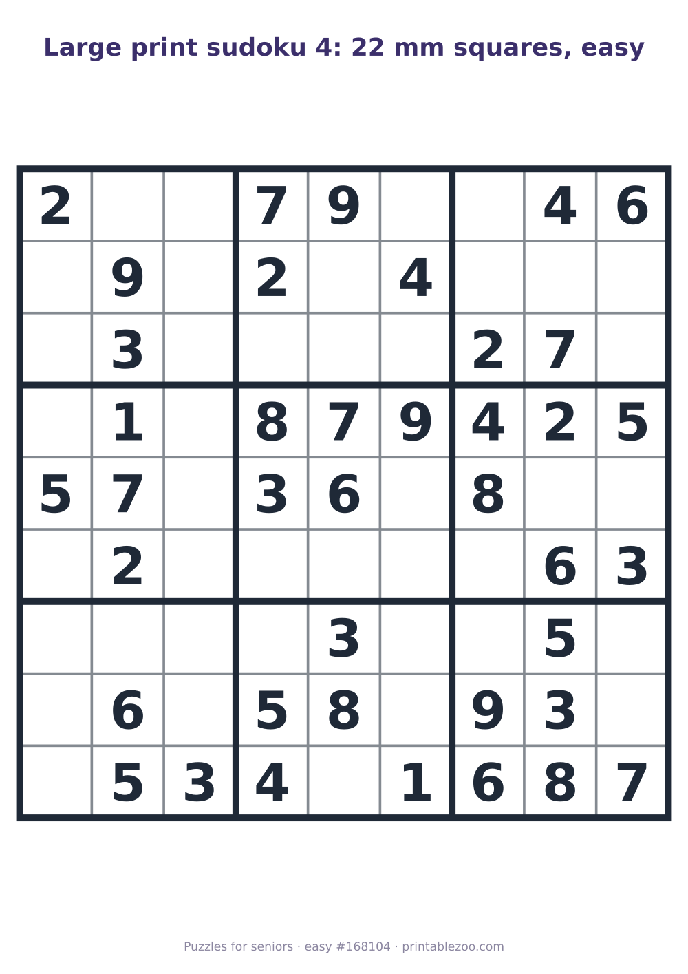 Large print sudoku printable with 22 mm squares, easy, 40 clues, puzzle 168104