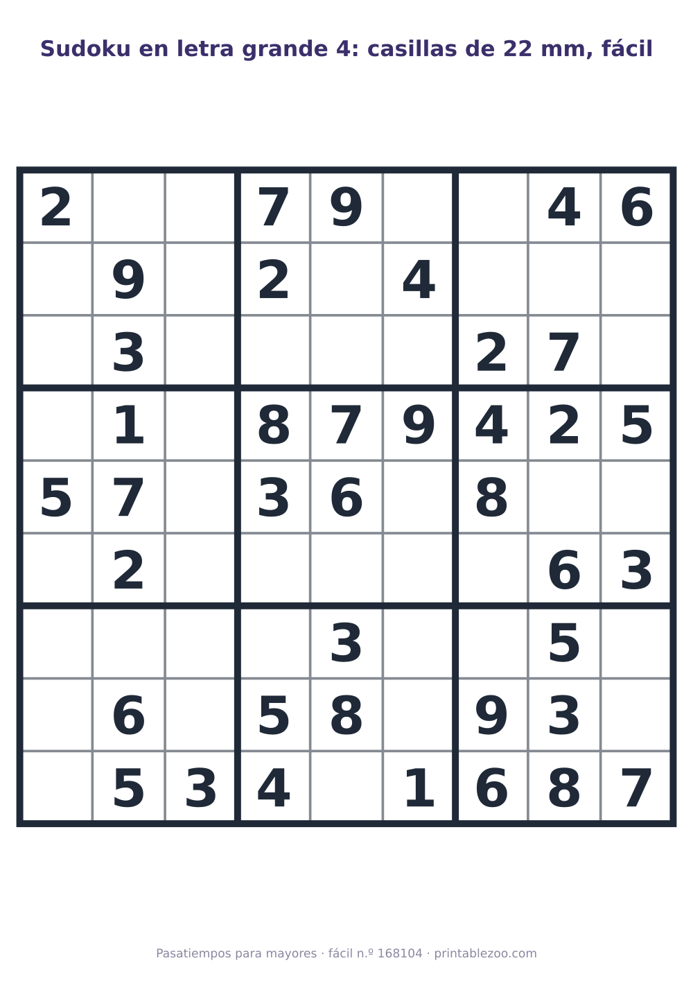 Sudoku en letra grande para imprimir con casillas de 22 mm, nivel fácil, 40 pistas, pasatiempo 168104
