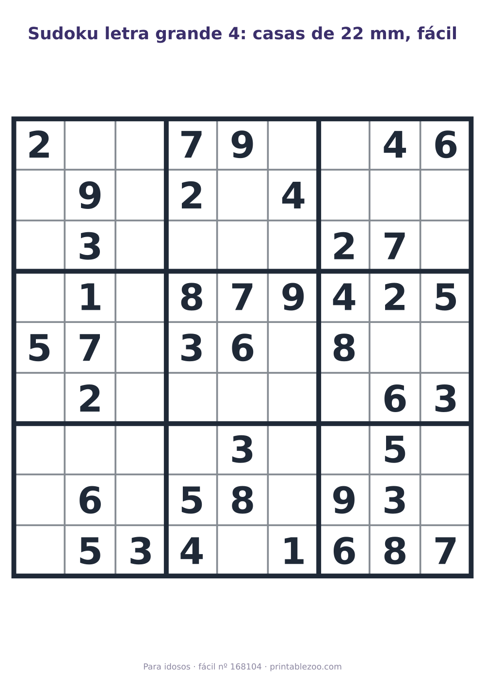 Sudoku letra grande para imprimir com casas de 22 mm, nível fácil, 40 pistas, desafio 168104