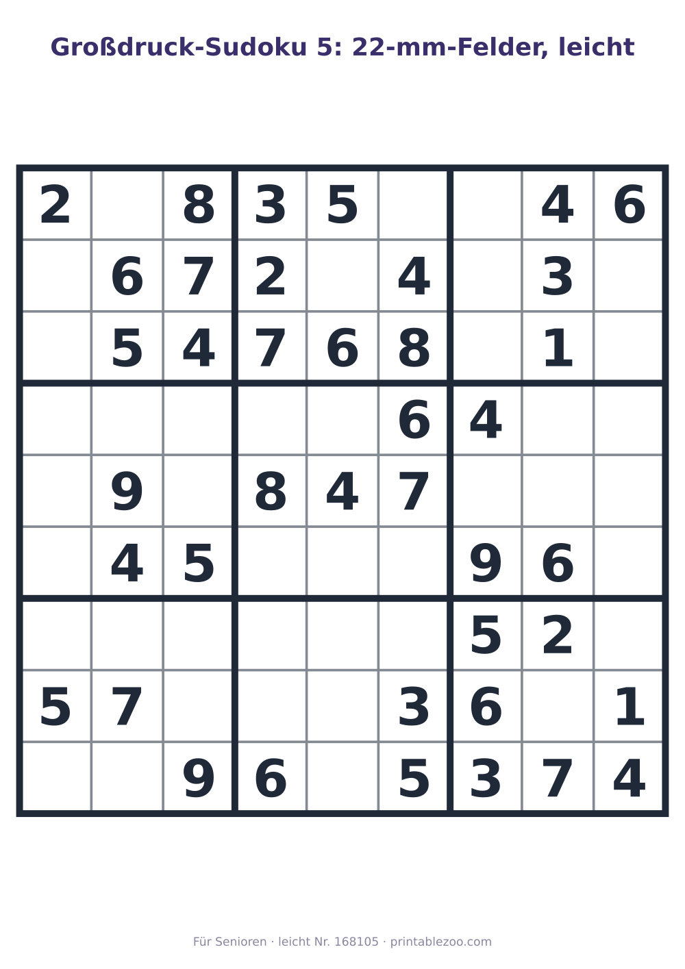 Großdruck-Sudoku zum Ausdrucken mit 22-mm-Feldern, Stufe leicht, 40 Vorgaben, Rätsel 168105