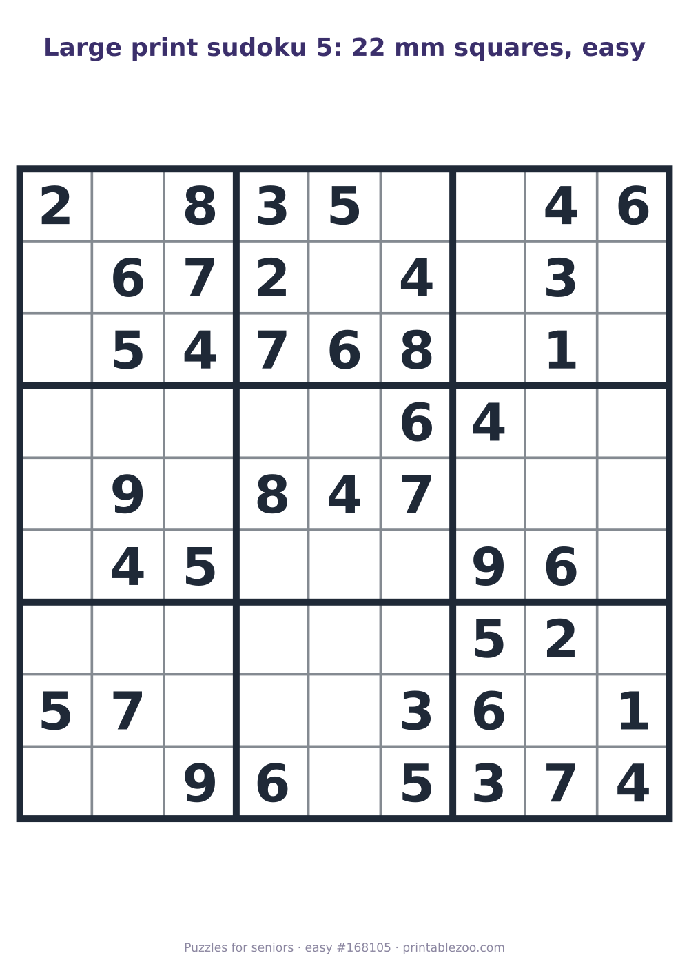 Large print sudoku printable with 22 mm squares, easy, 40 clues, puzzle 168105