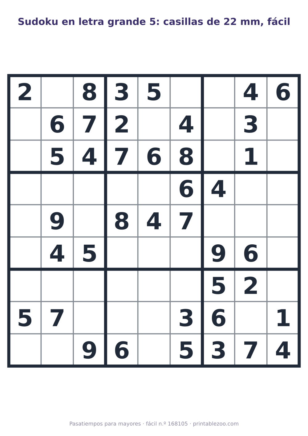Sudoku en letra grande para imprimir con casillas de 22 mm, nivel fácil, 40 pistas, pasatiempo 168105