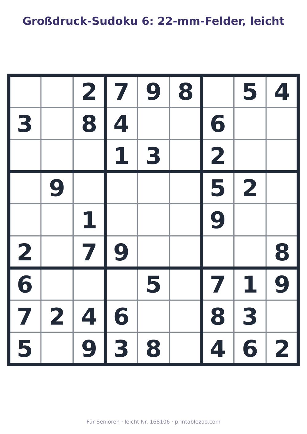 Großdruck-Sudoku zum Ausdrucken mit 22-mm-Feldern, Stufe leicht, 40 Vorgaben, Rätsel 168106