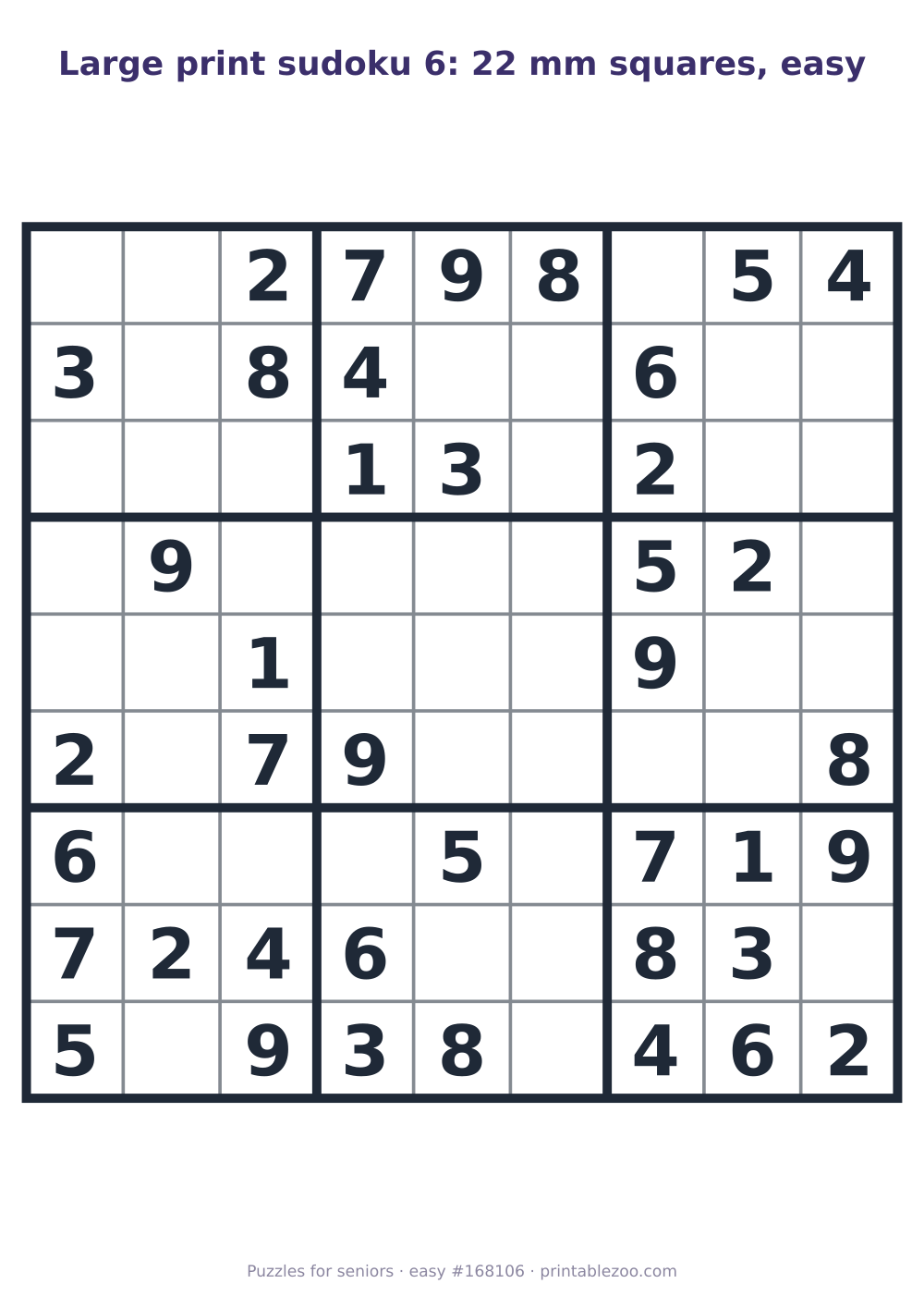 Large print sudoku printable with 22 mm squares, easy, 40 clues, puzzle 168106