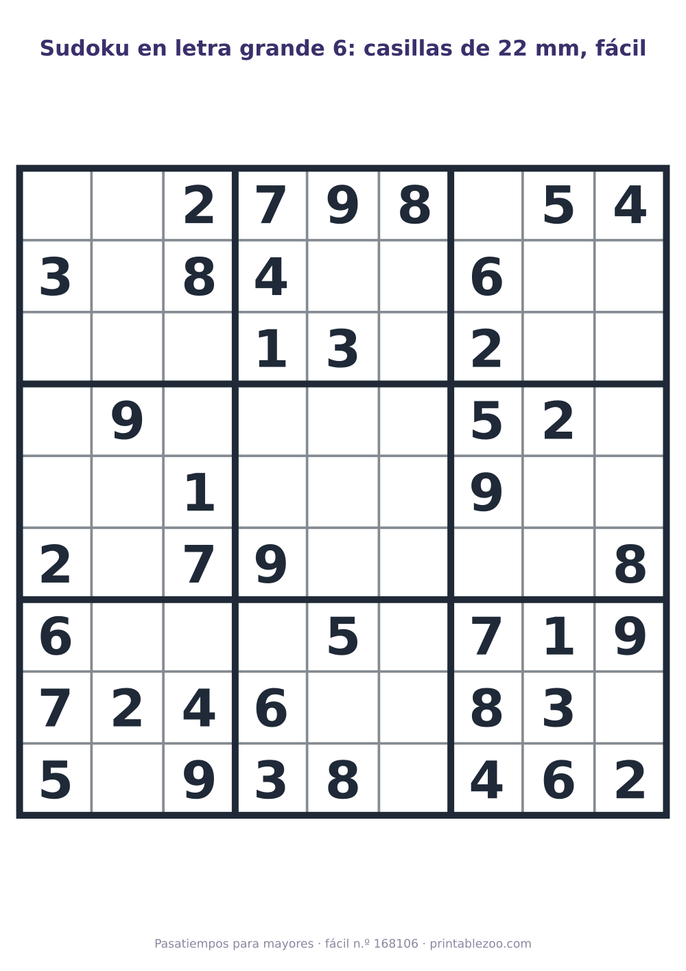 Sudoku en letra grande para imprimir con casillas de 22 mm, nivel fácil, 40 pistas, pasatiempo 168106