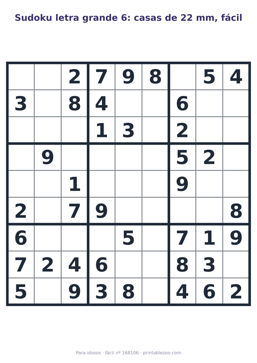 Sudoku letra grande para imprimir com casas de 22 mm, nível fácil, 40 pistas, desafio 168106