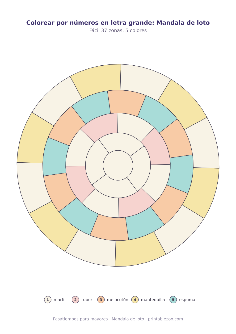 Lámina para colorear por números para adultos: mandala de loto, 37 zonas numeradas y 5 colores