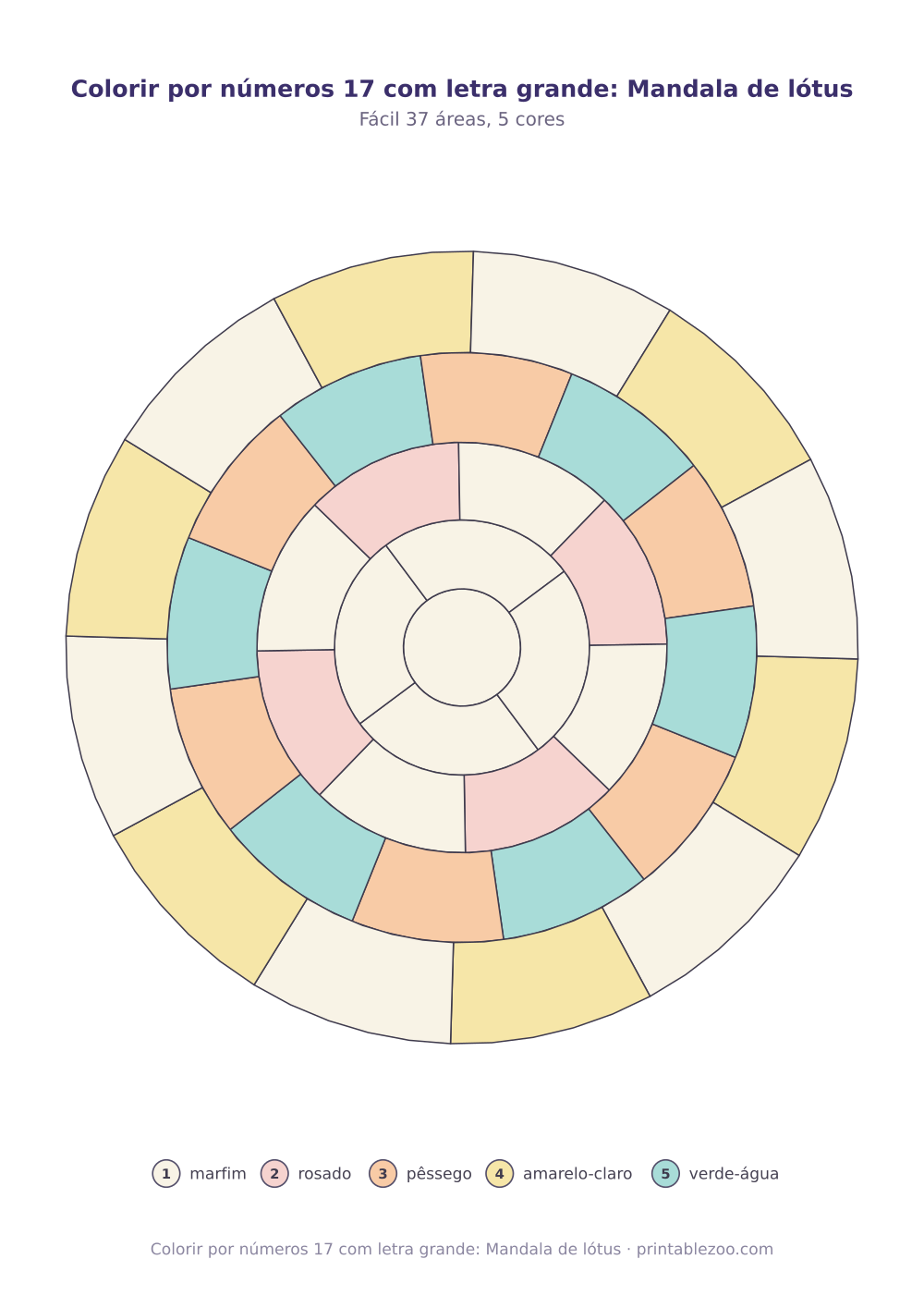 Colorir por números com letra grande para idosos: Mandala de lótus com 37 áreas, passatempo nº 169501