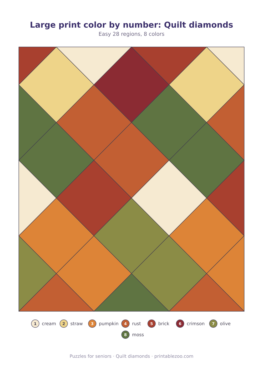 Color by number printable for adults: quilt diamonds, 28 numbered regions and 8 colors