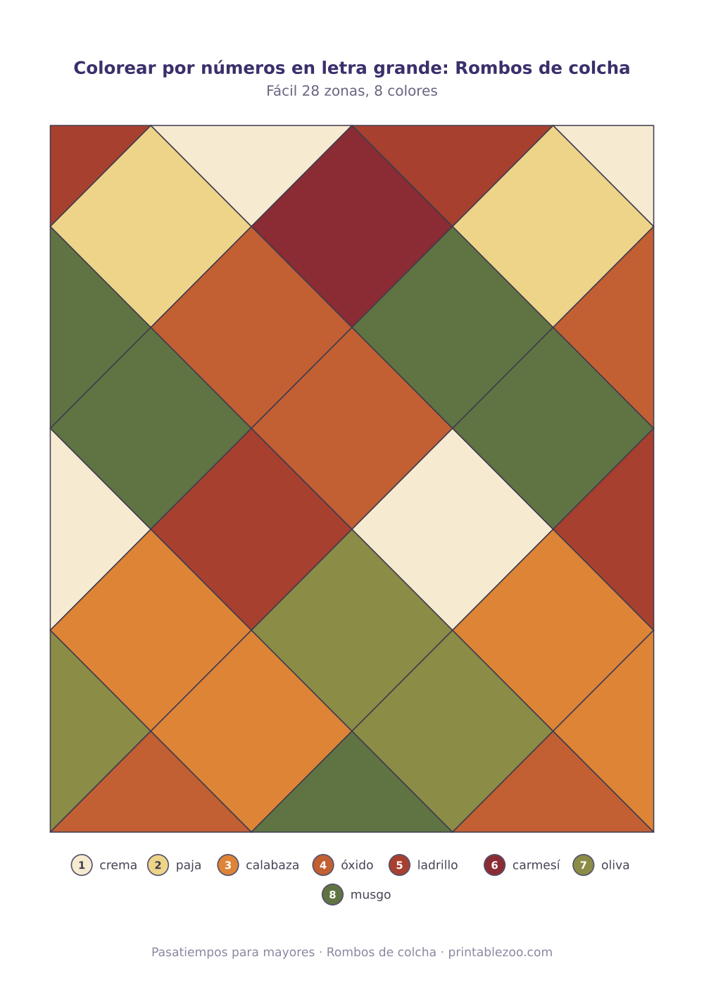 Lámina para colorear por números para adultos: rombos de colcha, 28 zonas numeradas y 8 colores