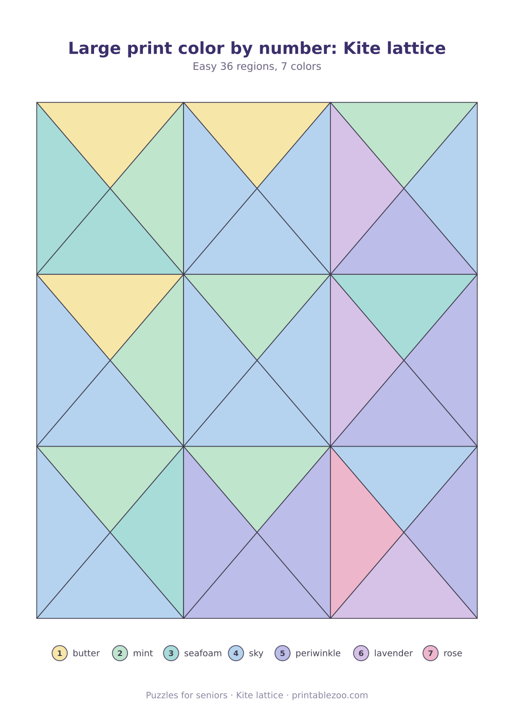 Color by number printable for adults: kite lattice, 36 numbered regions and 7 colors