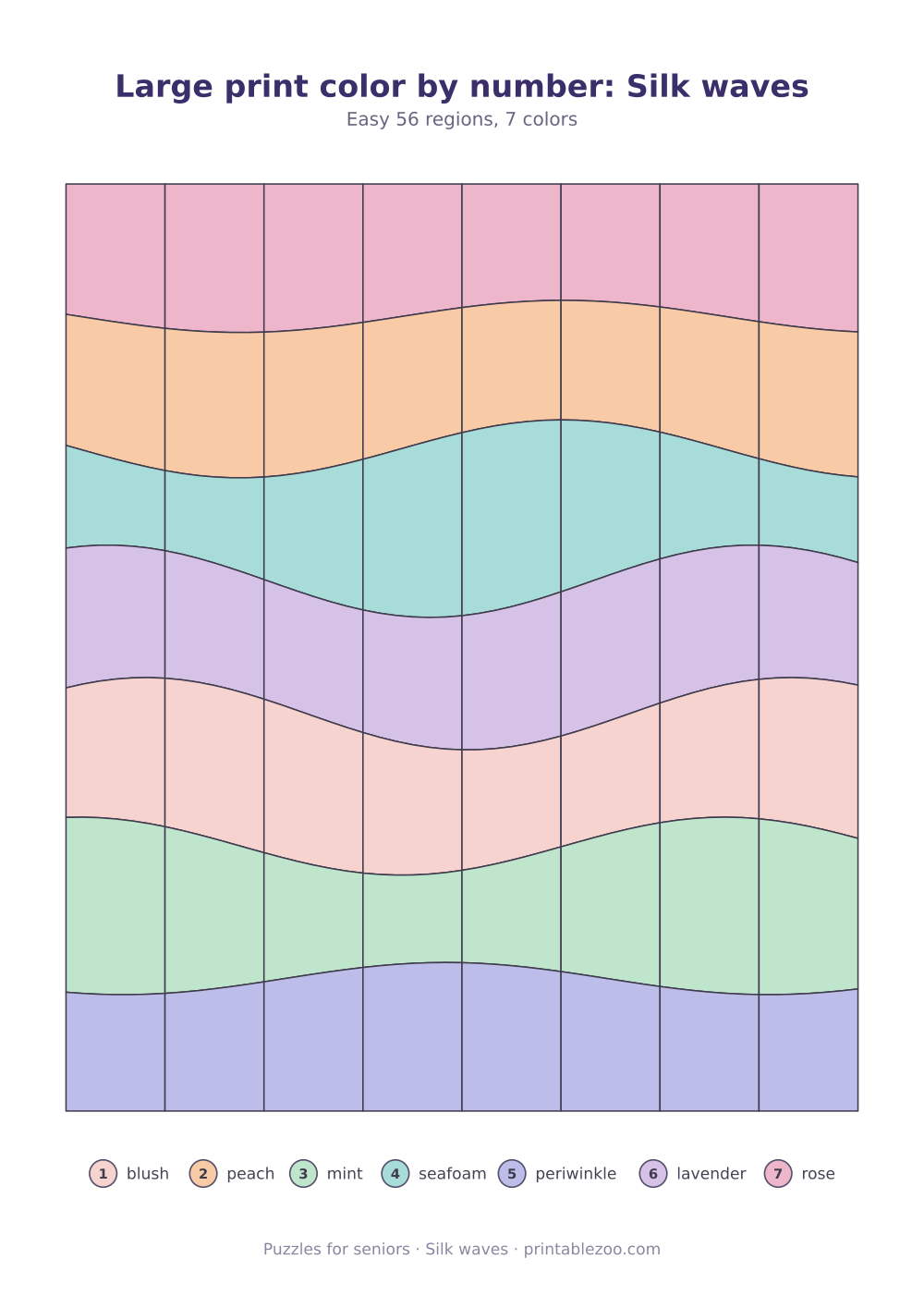 Color by number printable for adults: silk waves, 56 numbered regions and 7 colors