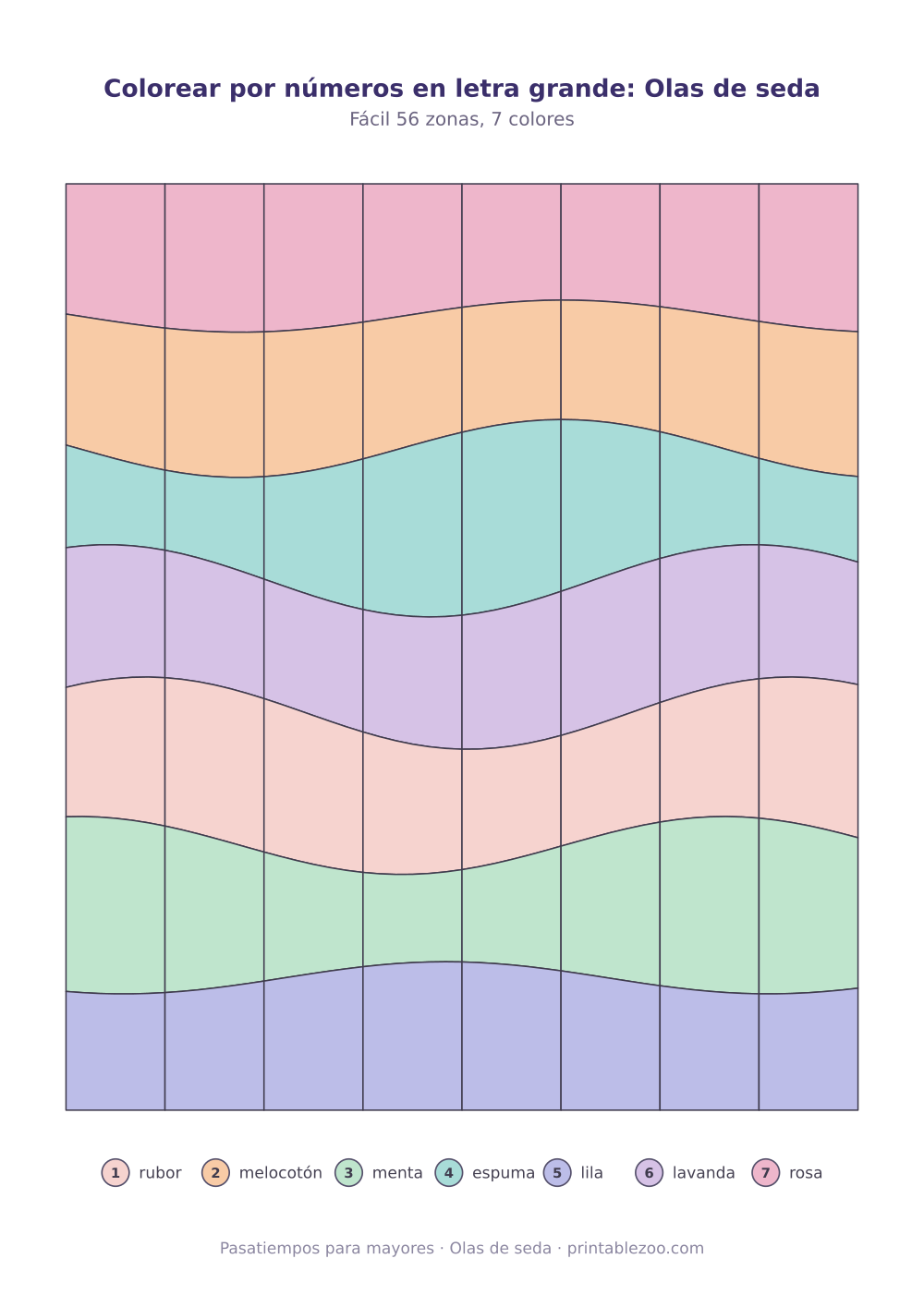 Lámina para colorear por números para adultos: olas de seda, 56 zonas numeradas y 7 colores