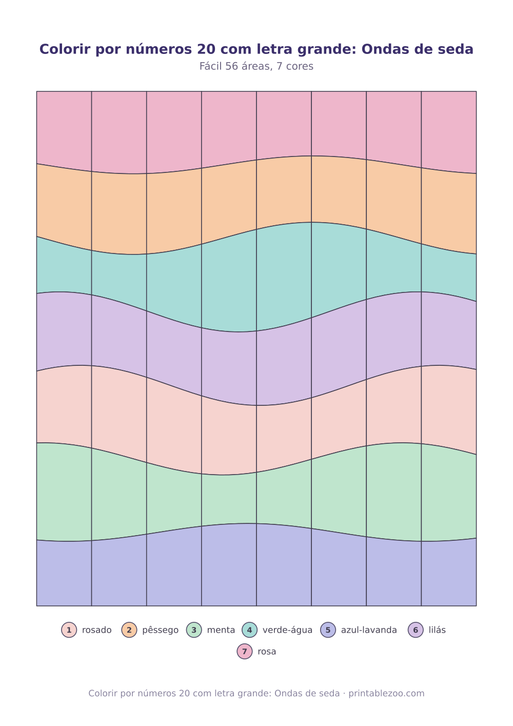 Colorir por números com letra grande para idosos: Ondas de seda com 56 áreas, passatempo nº 169501