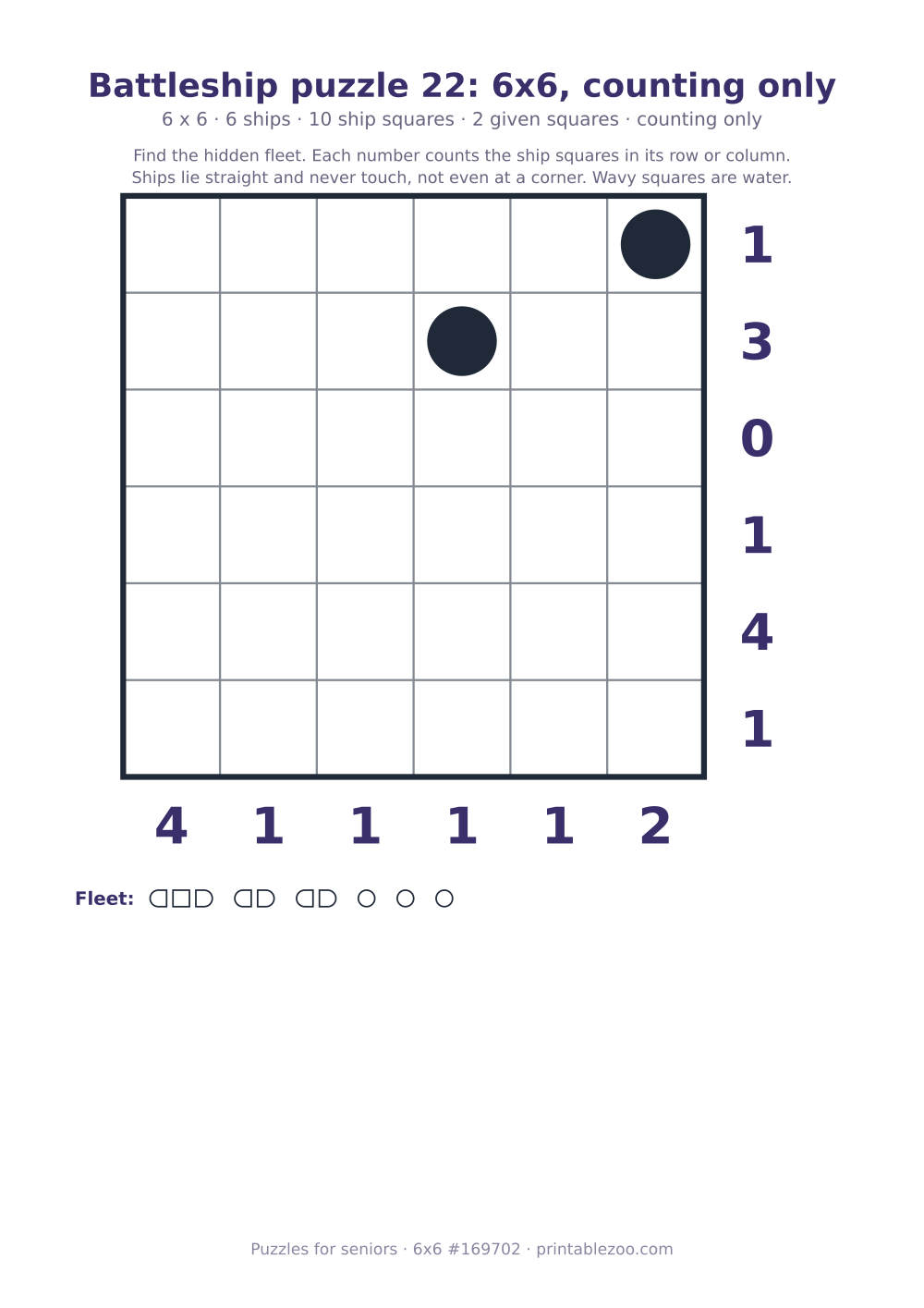Printable battleship puzzle, 6x6 grid with 6 ships and 2 given squares, puzzle 169702