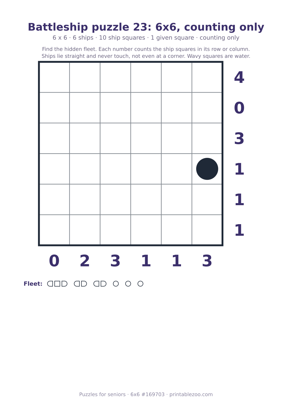 Printable battleship puzzle, 6x6 grid with 6 ships and 1 given square, puzzle 169703