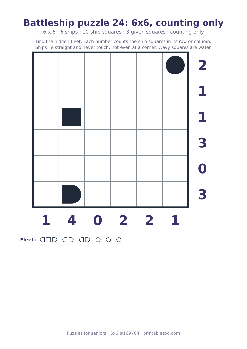 Printable battleship puzzle, 6x6 grid with 6 ships and 3 given squares, puzzle 169704