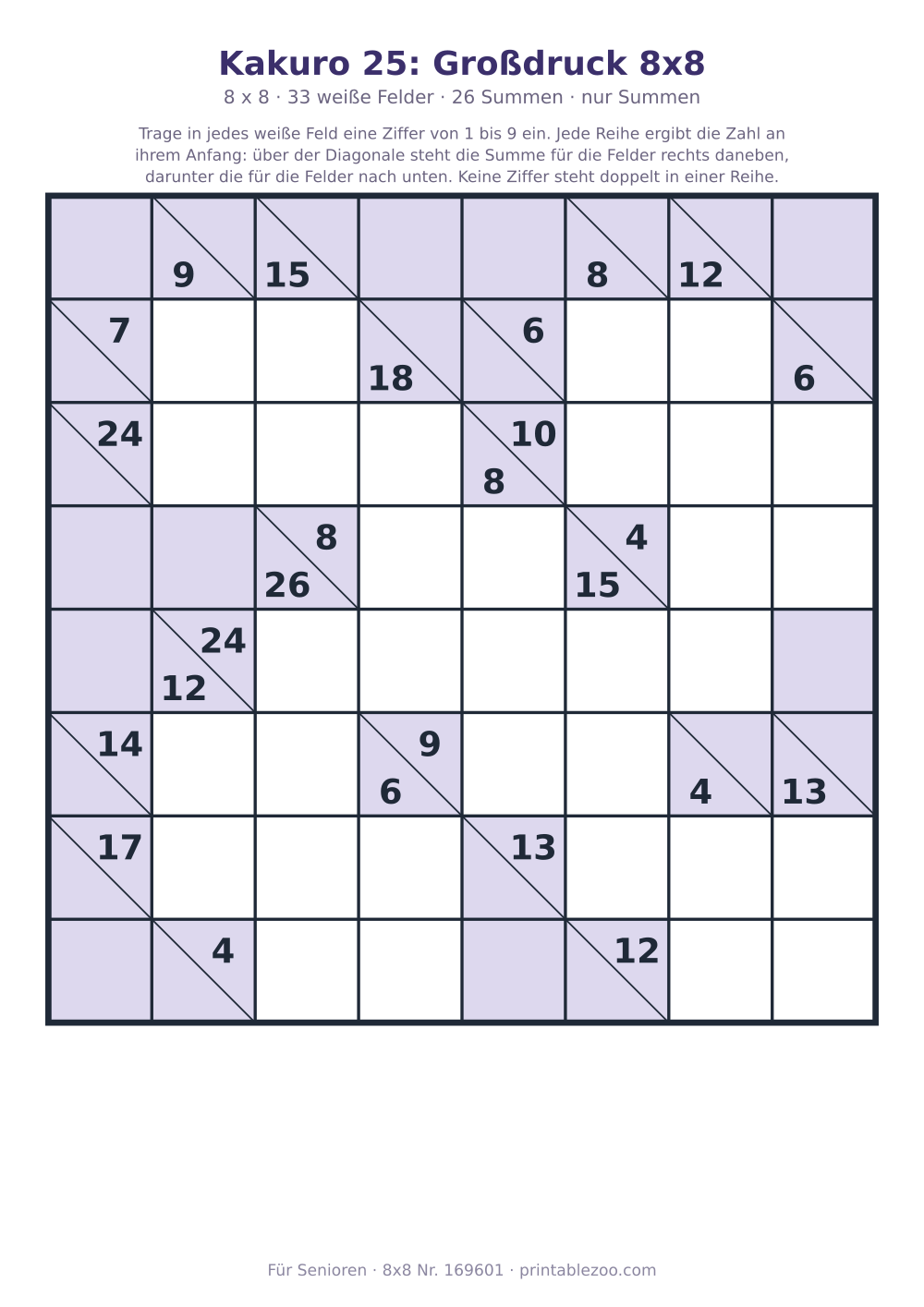 Kakuro zum Ausdrucken im Großdruck, 8x8 mit 33 weißen Feldern und 26 Summen, Rätsel 169601