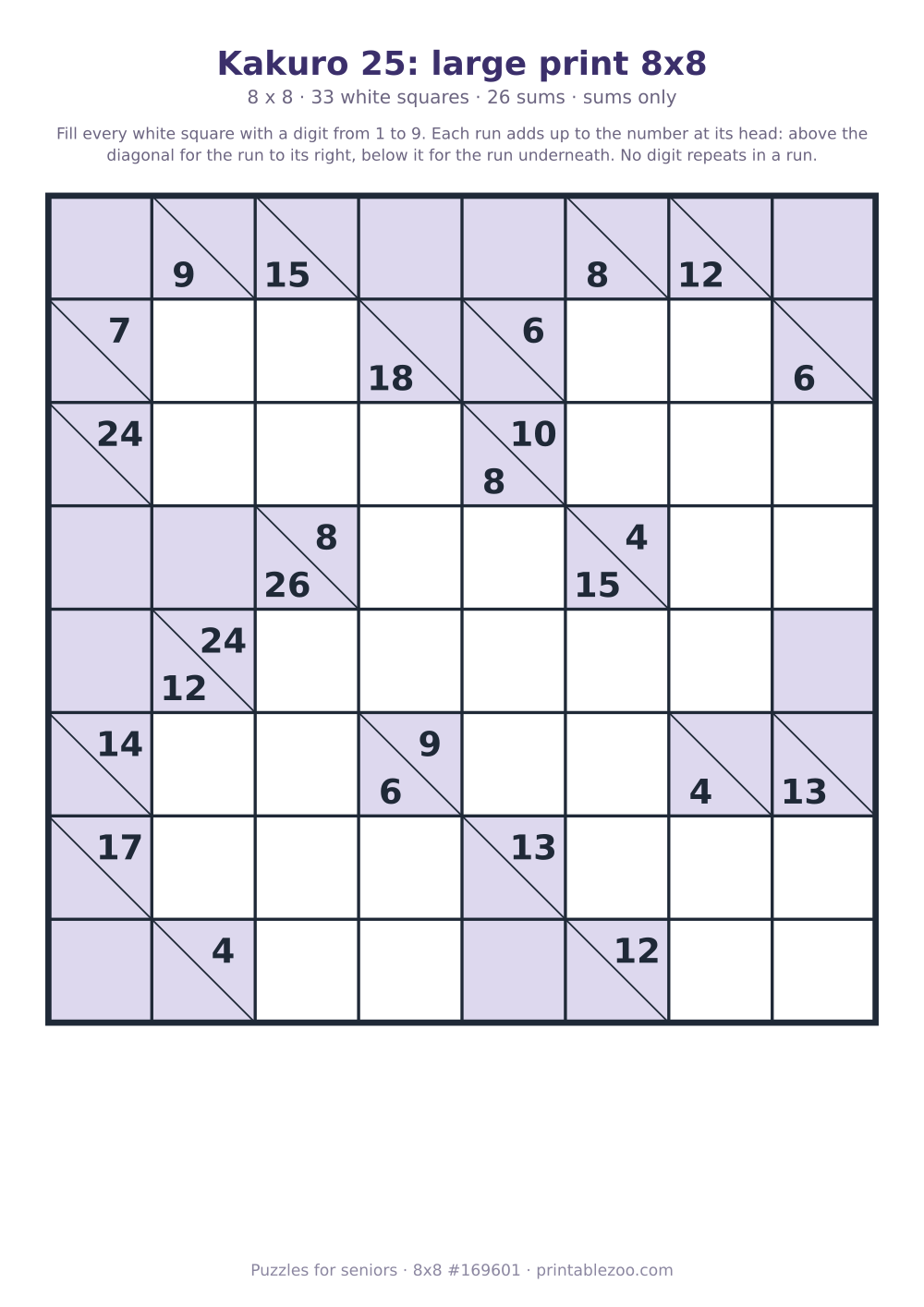 Large print kakuro printable, 8x8 with 33 white squares and 26 sums, puzzle 169601