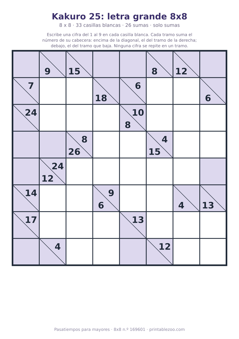 Kakuro para imprimir en letra grande, 8x8 con 33 casillas blancas y 26 sumas, pasatiempo 169601