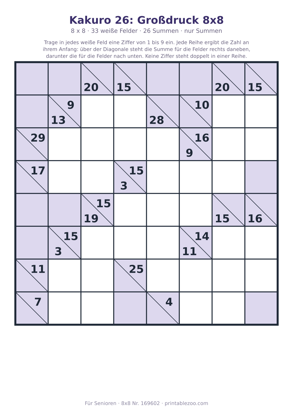 Kakuro zum Ausdrucken im Großdruck, 8x8 mit 33 weißen Feldern und 26 Summen, Rätsel 169602