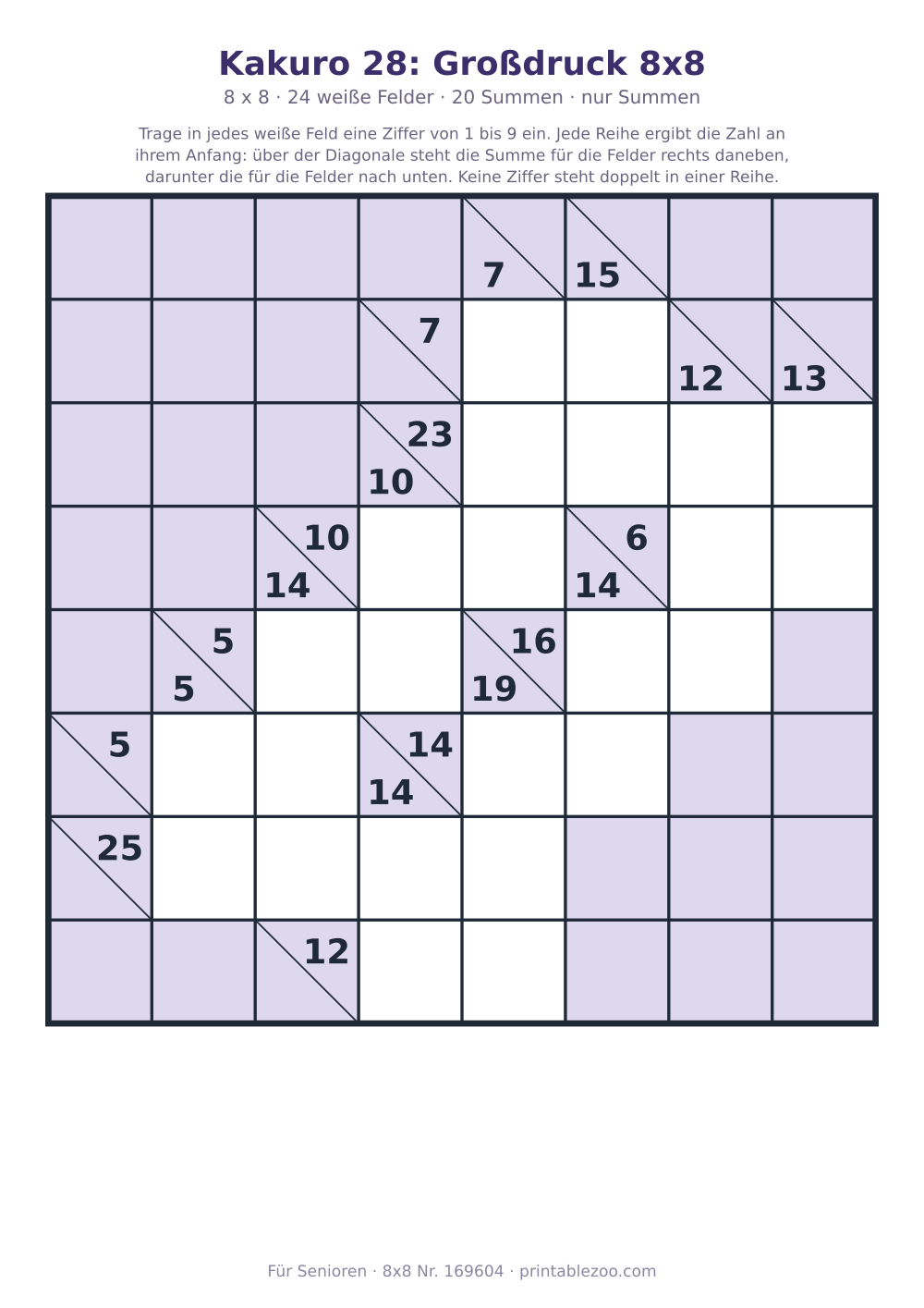 Kakuro zum Ausdrucken im Großdruck, 8x8 mit 24 weißen Feldern und 20 Summen, Rätsel 169604