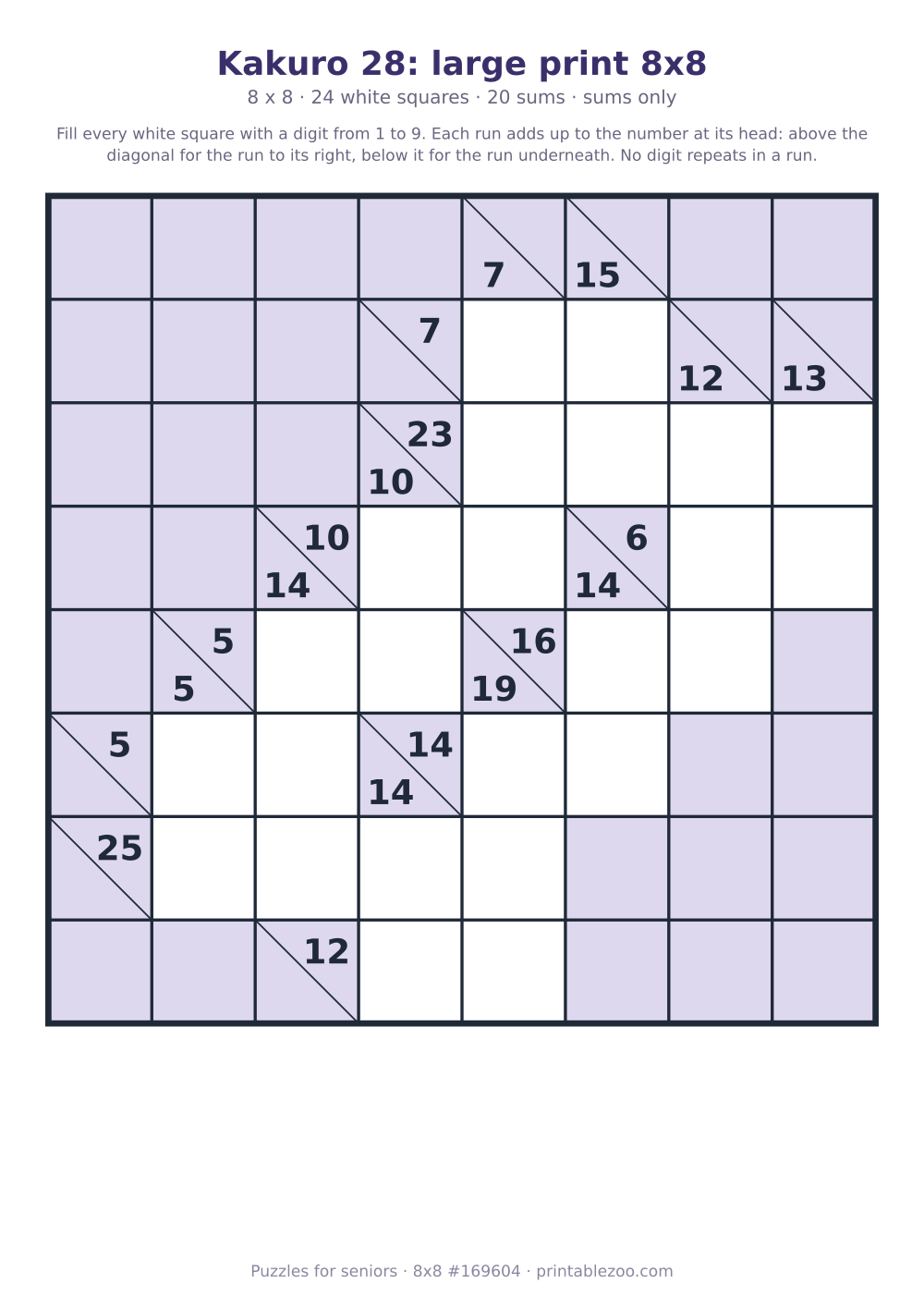 Large print kakuro printable, 8x8 with 24 white squares and 20 sums, puzzle 169604