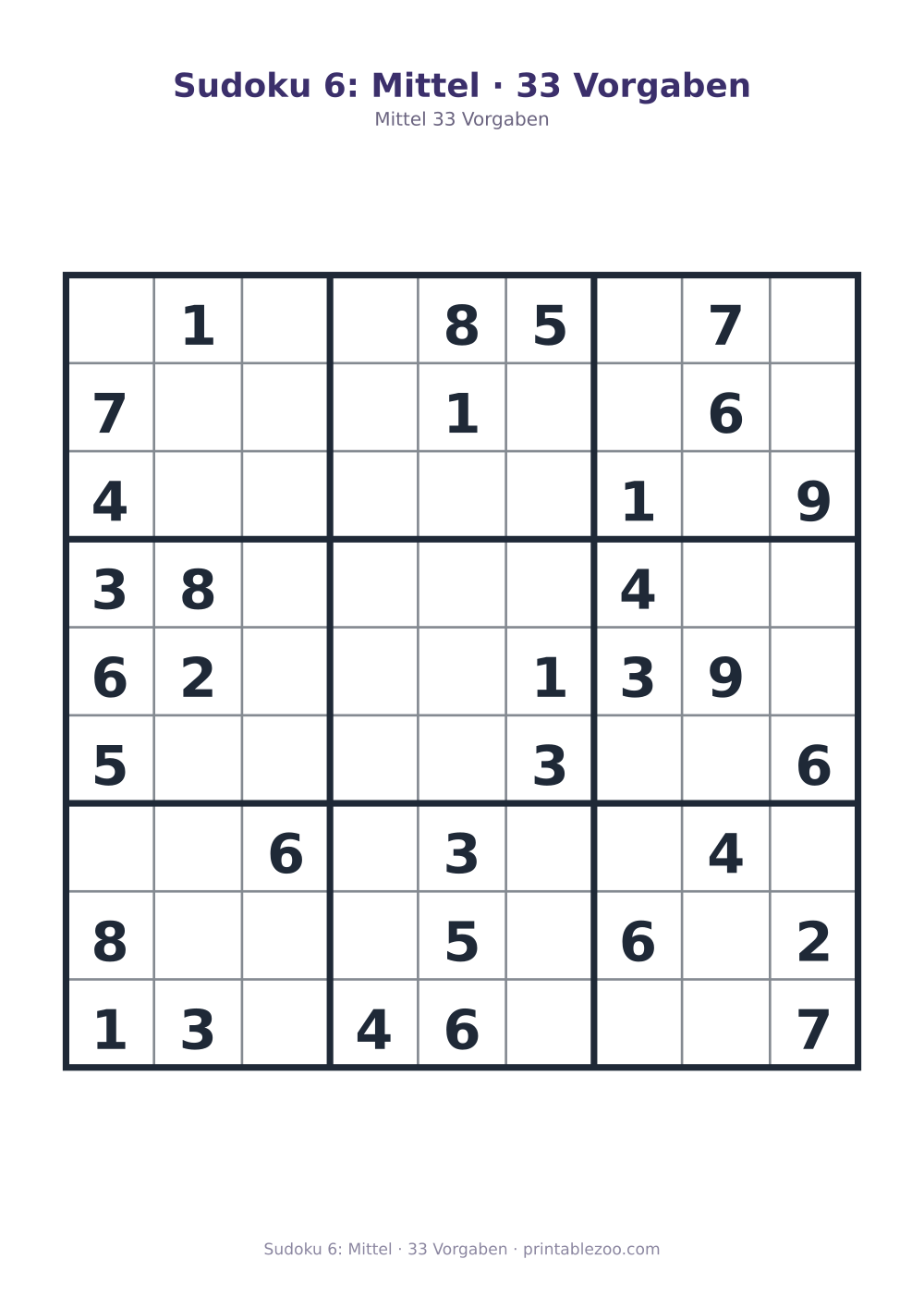 Sudoku 6: Mittel · 33 Vorgaben als druckfertige Vorschau, Katalognummer 200106