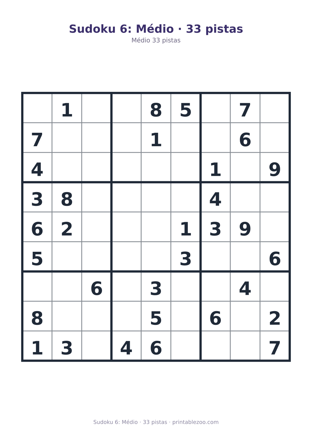 Prévia pronta para imprimir: Sudoku 6: Médio · 33 pistas, catálogo nº 200106