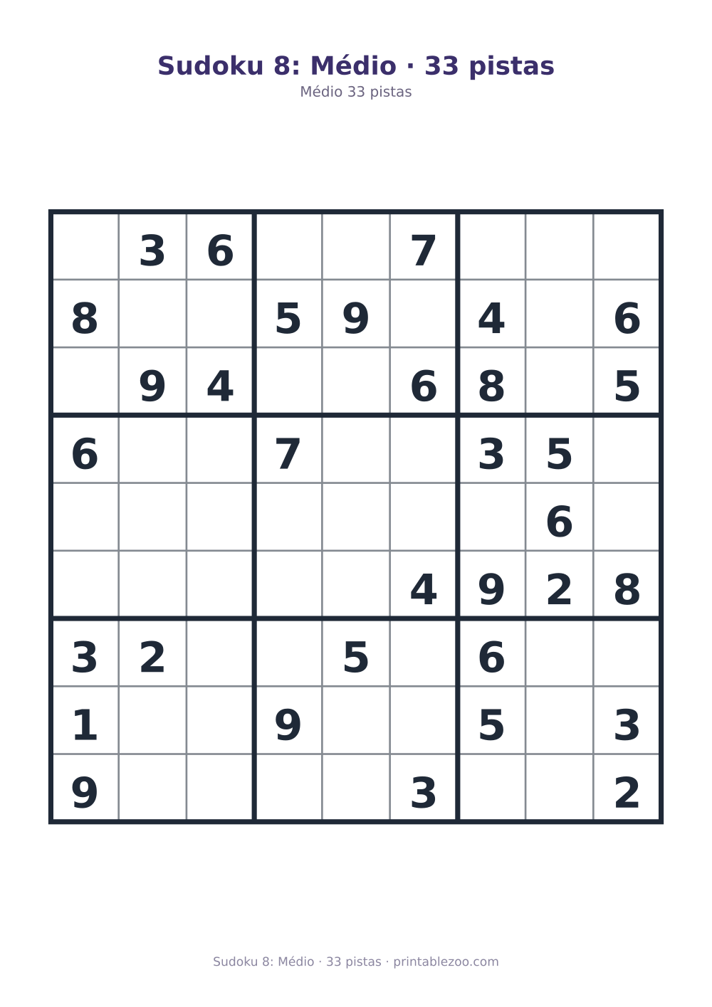 Prévia pronta para imprimir: Sudoku 8: Médio · 33 pistas, catálogo nº 200108
