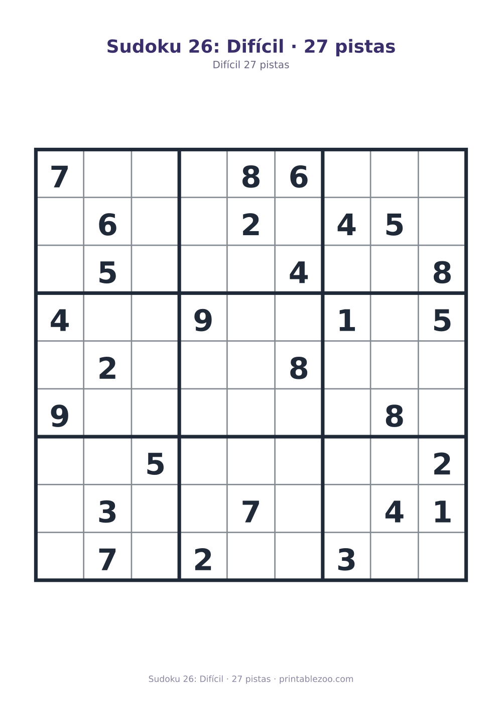 Prévia pronta para imprimir: Sudoku 26: Difícil · 27 pistas, catálogo nº 200126