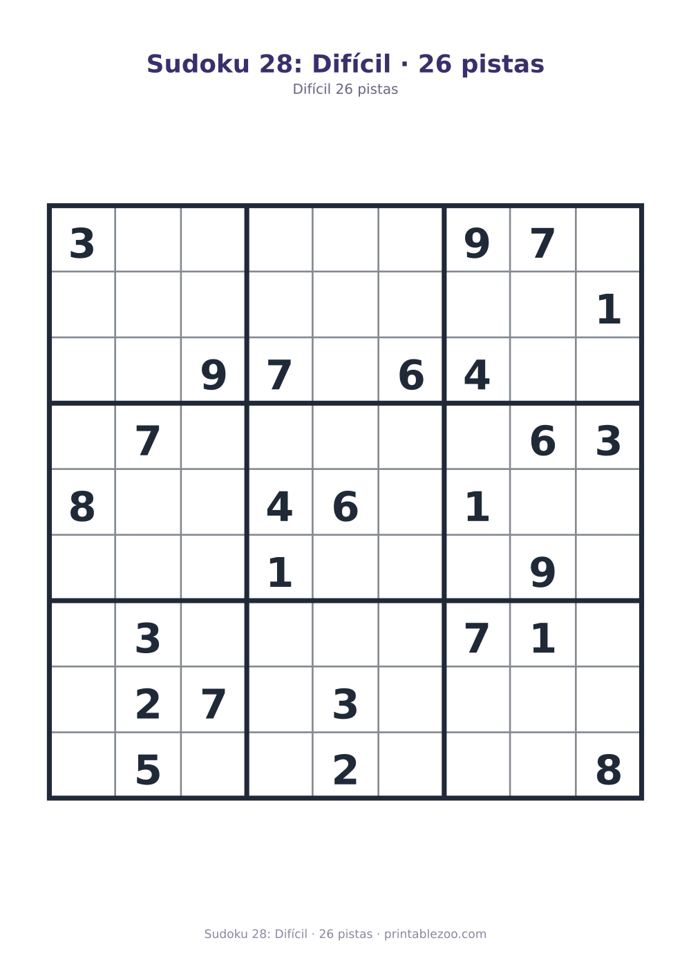 Prévia pronta para imprimir: Sudoku 28: Difícil · 26 pistas, catálogo nº 200128