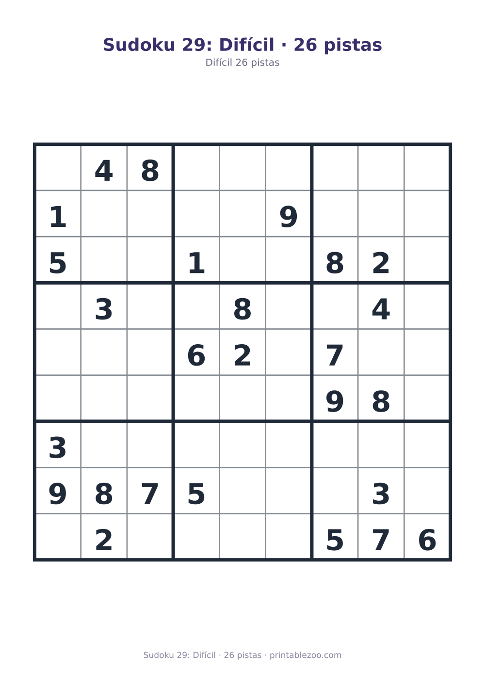 Prévia pronta para imprimir: Sudoku 29: Difícil · 26 pistas, catálogo nº 200129