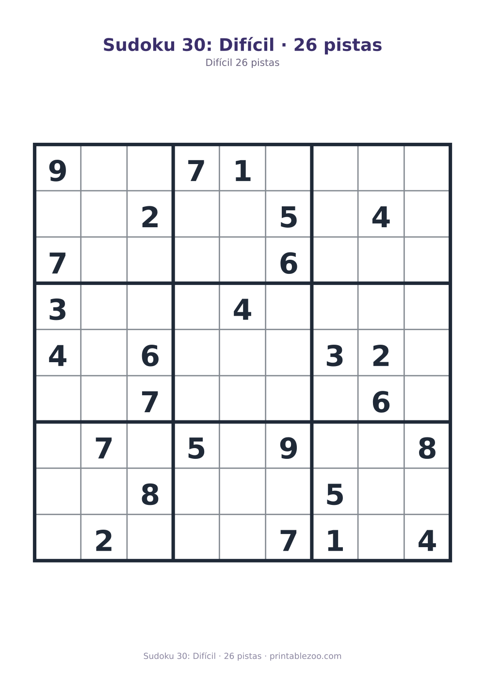 Prévia pronta para imprimir: Sudoku 30: Difícil · 26 pistas, catálogo nº 200130