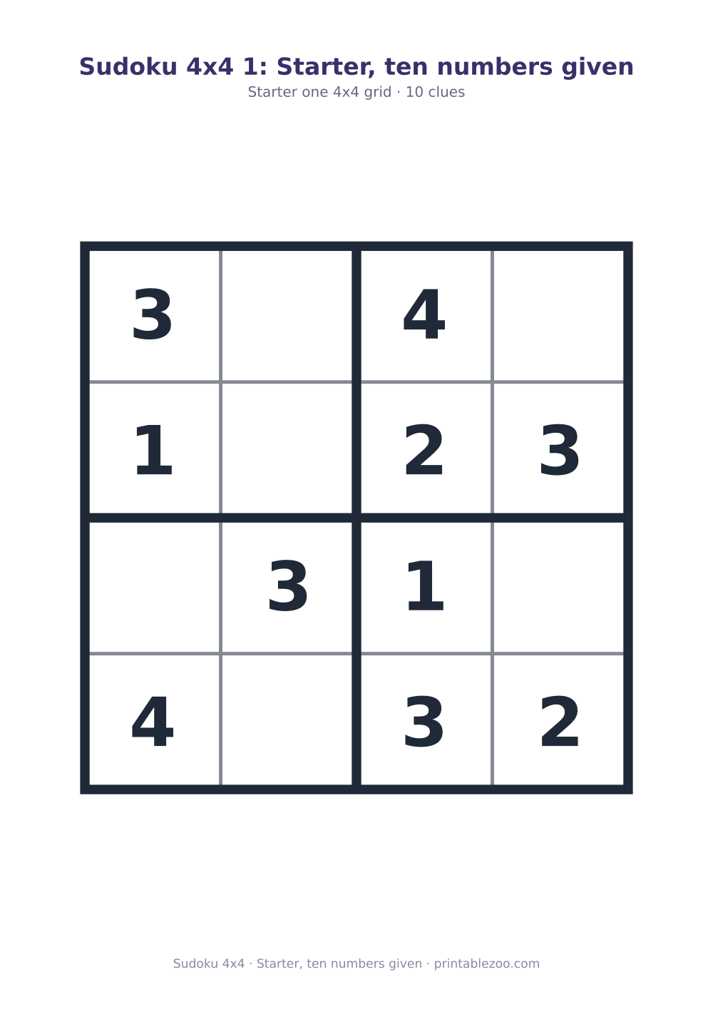 Printable 4x4 sudoku with 10 clues, starter, ten numbers given