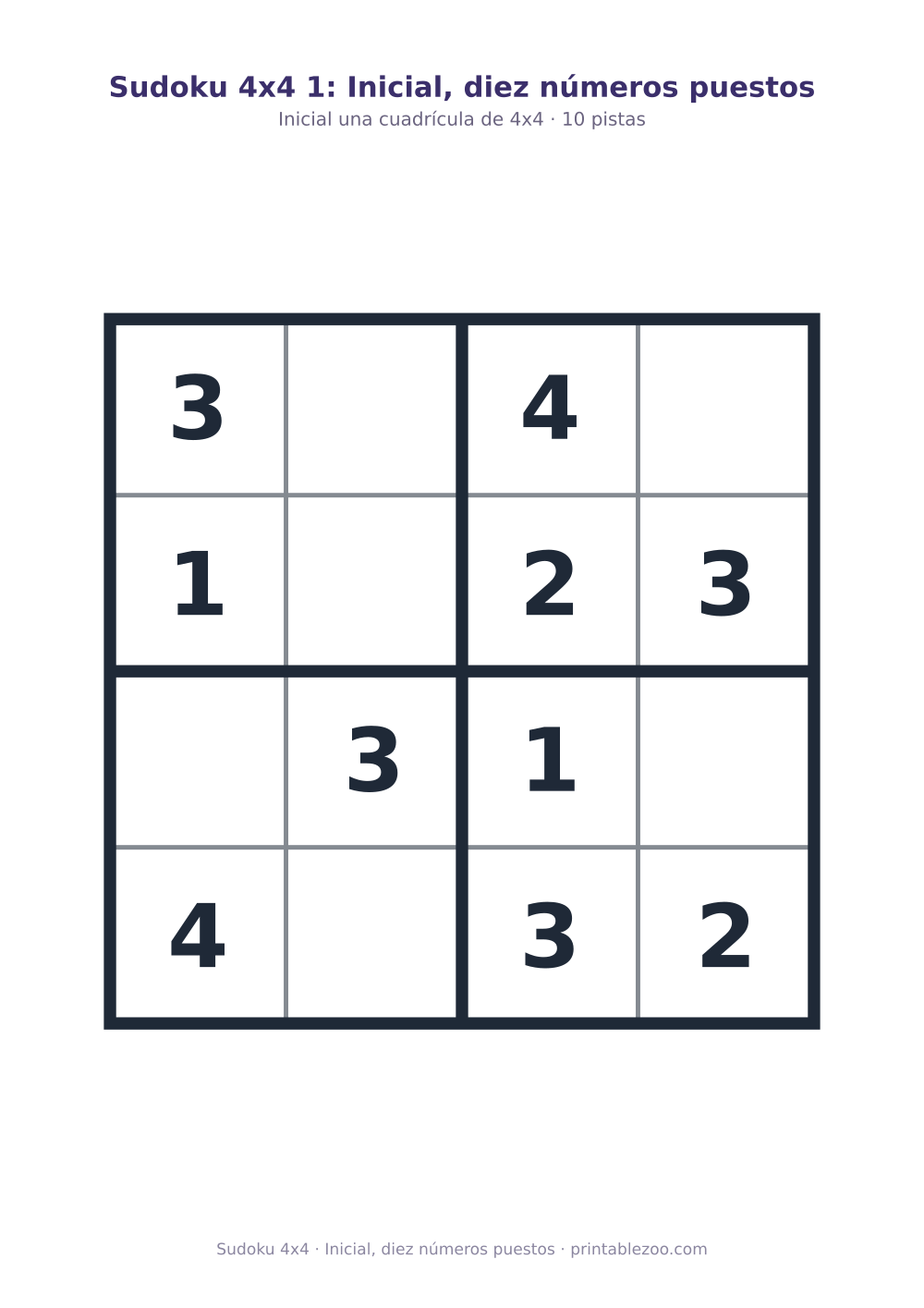 Sudoku 4x4 para imprimir con 10 pistas, inicial, diez números puestos