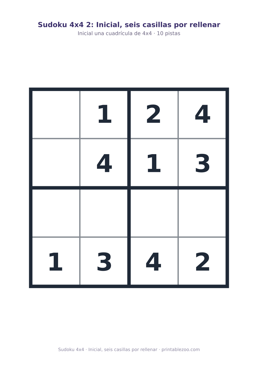 Sudoku 4x4 para imprimir con 10 pistas, inicial, seis casillas por rellenar