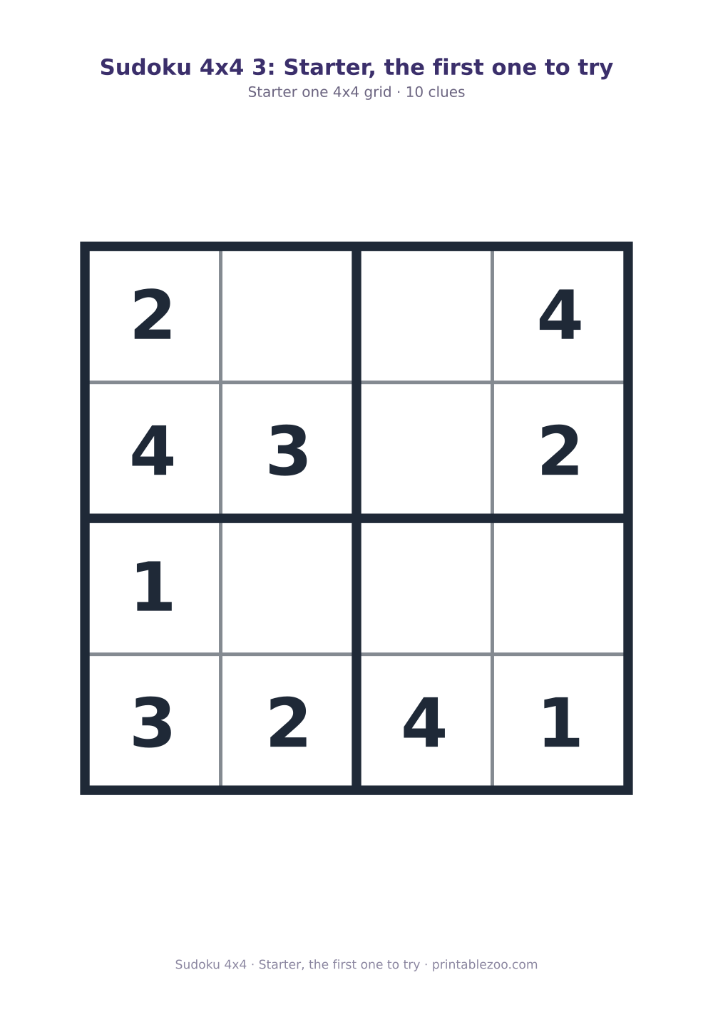 Printable 4x4 sudoku with 10 clues, starter, the first one to try