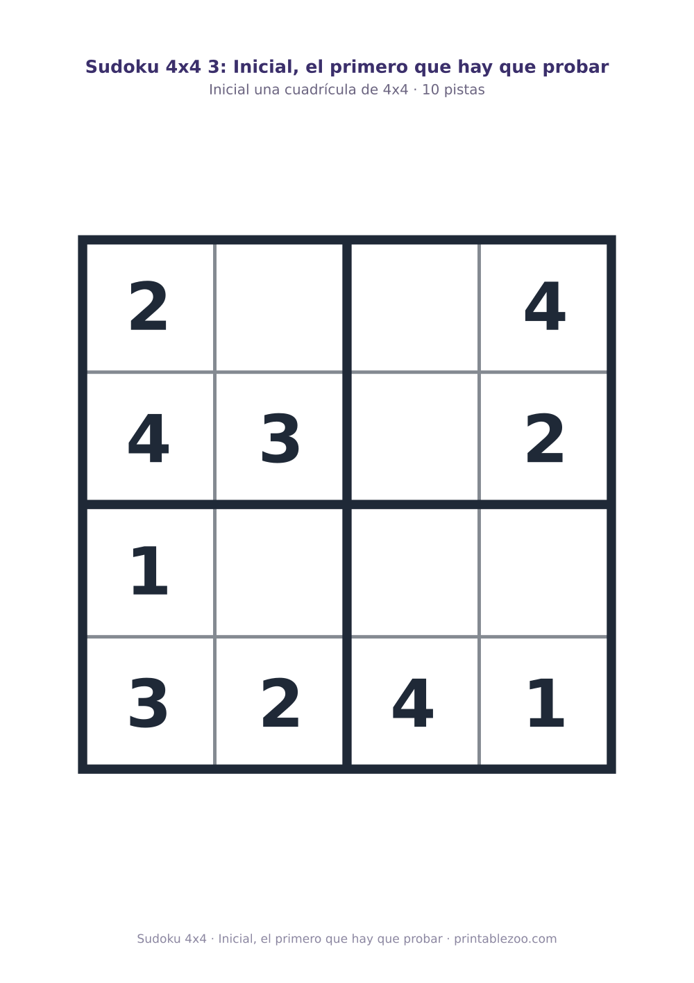 Sudoku 4x4 para imprimir con 10 pistas, inicial, el primero que hay que probar