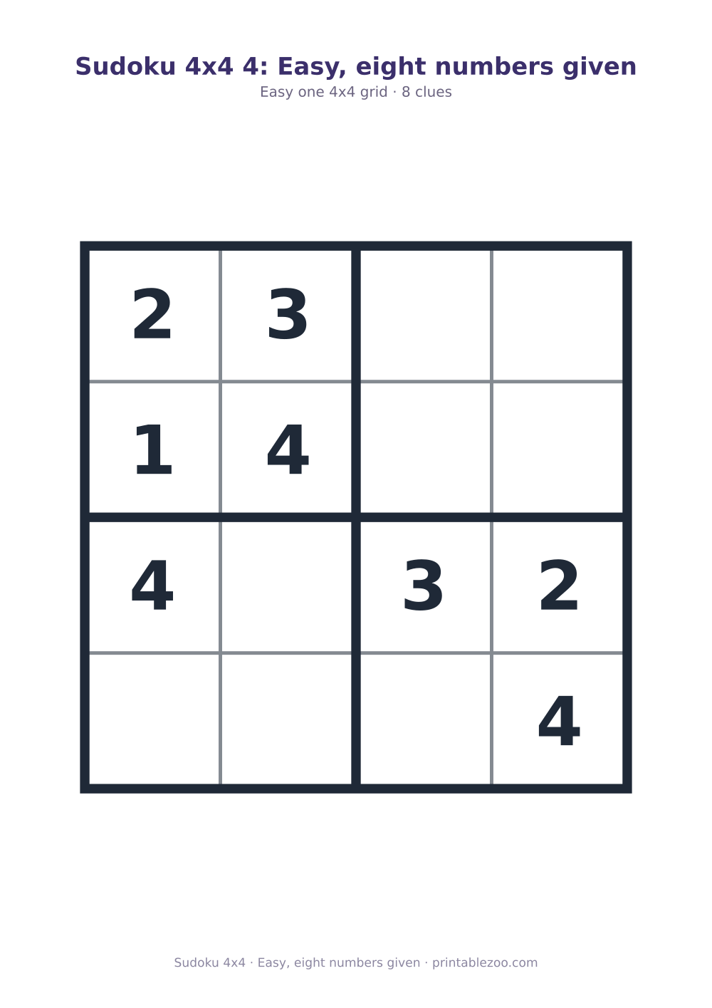 Printable 4x4 sudoku with 8 clues, easy, eight numbers given