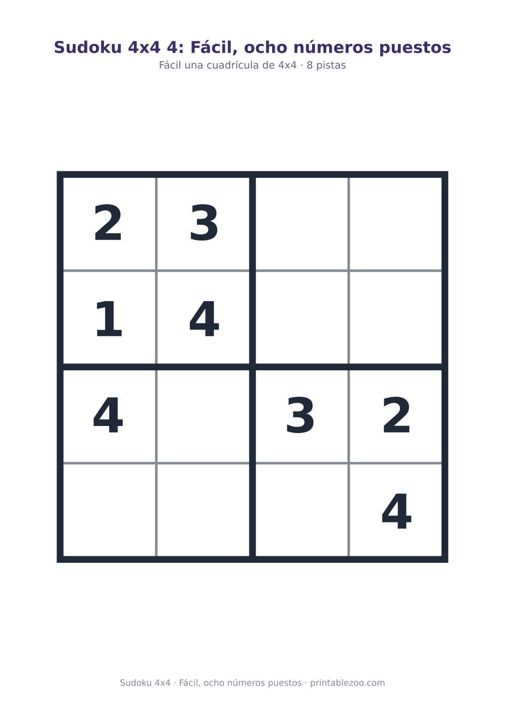 Sudoku 4x4 para imprimir con 8 pistas, fácil, ocho números puestos