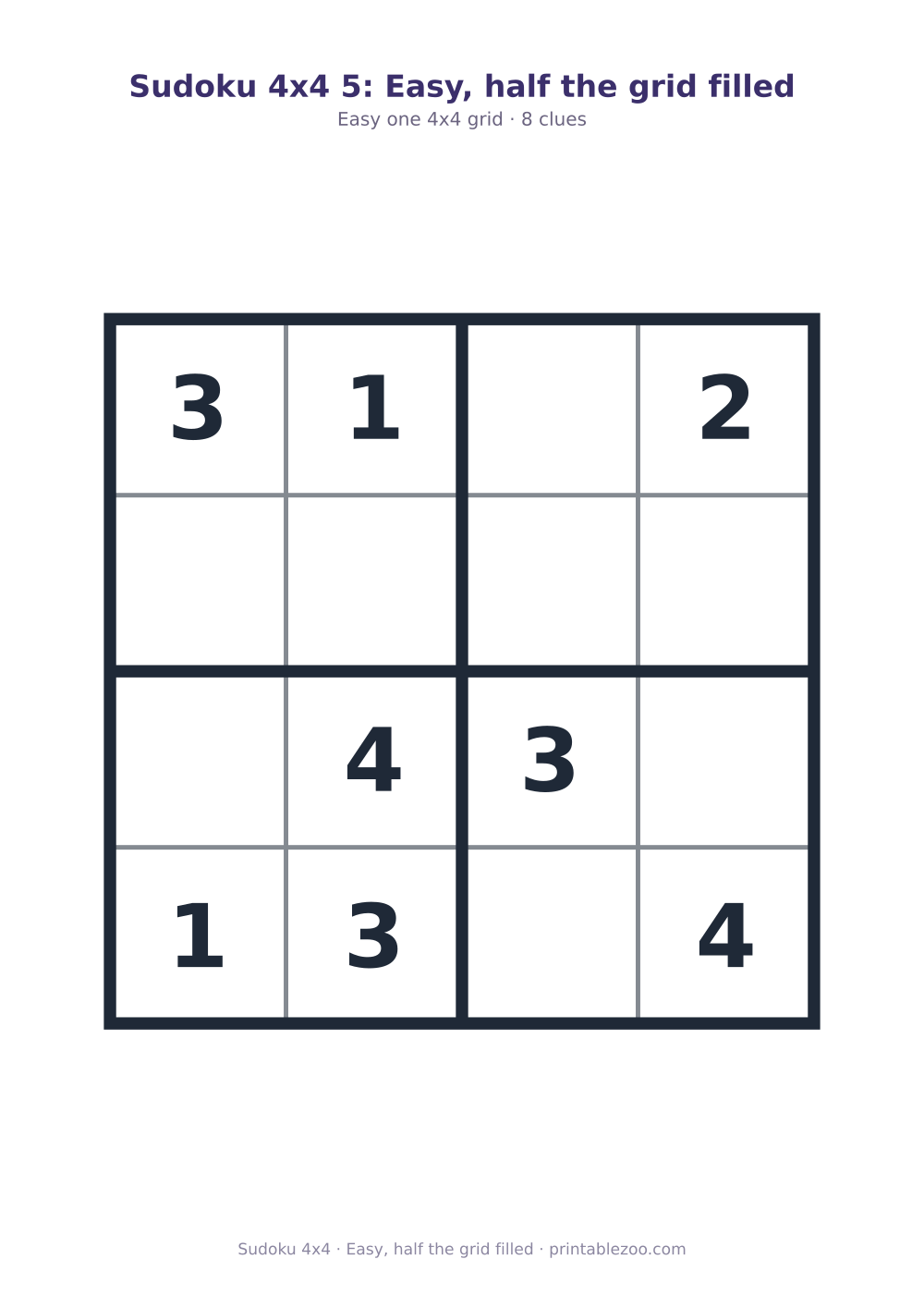 Printable 4x4 sudoku with 8 clues, easy, half the grid filled