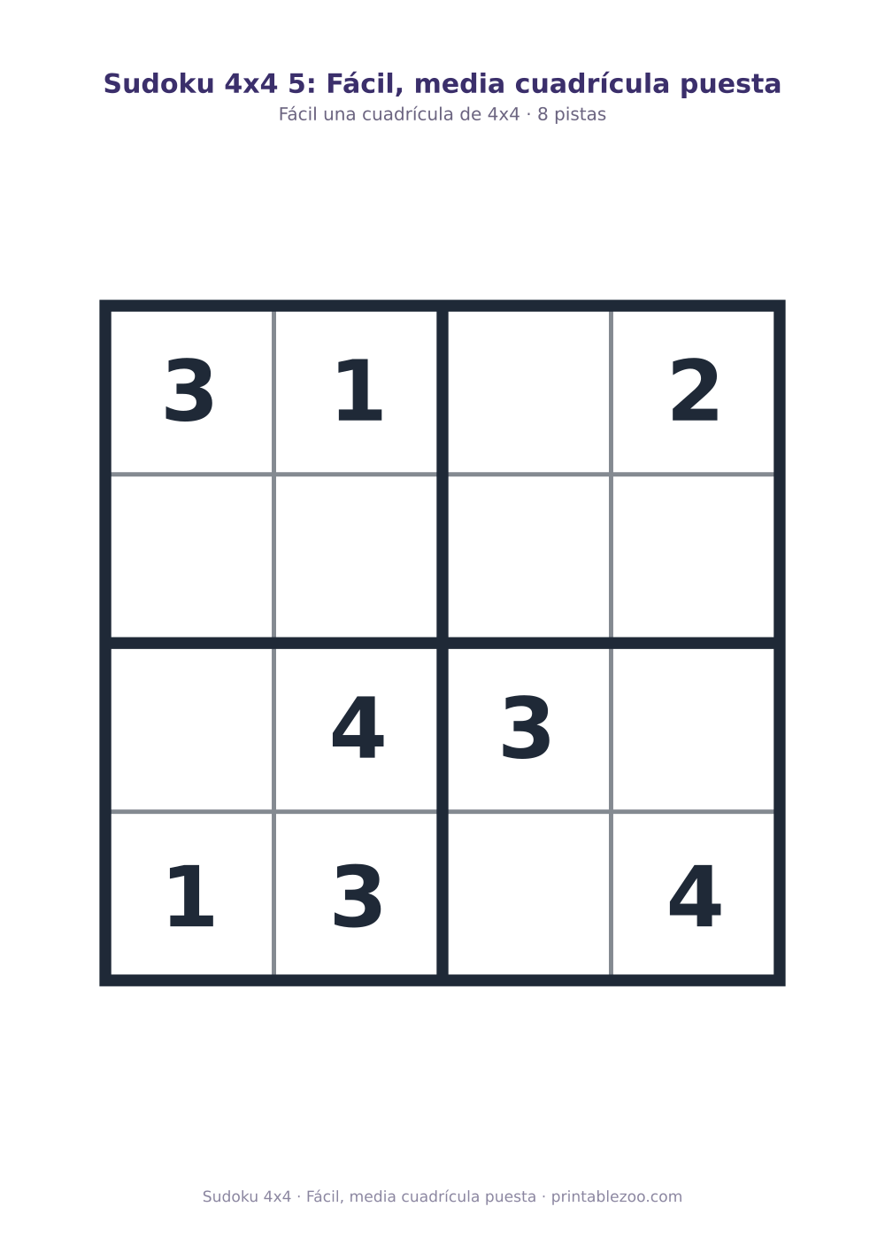 Sudoku 4x4 para imprimir con 8 pistas, fácil, media cuadrícula puesta