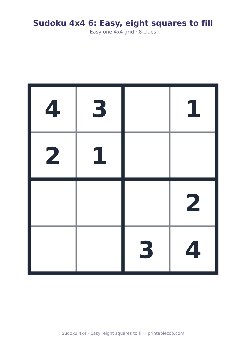 Printable 4x4 sudoku with 8 clues, easy, eight squares to fill